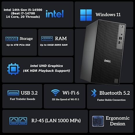 Dell Pro Tower QCT1250 Desktop – i5 14th Gen, 8GB RAM, 512GB SSD, FreeDOS, 1-Year Warranty
