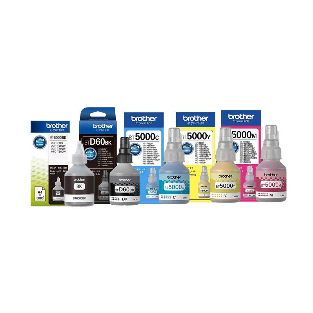 Brother BT60BK, BT6000BK, BT5000C, BT5000M, BT5000Y Ink Bottles – Black, Cyan, Magenta, Yellow